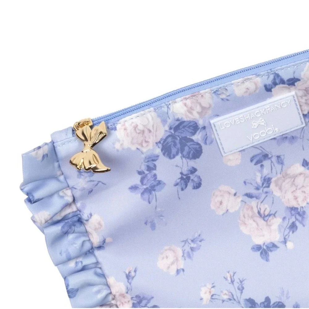 Love Shack Fancy Pencil Case Accessory Pouch Ruffle Floral Blue Zip Bag NEW